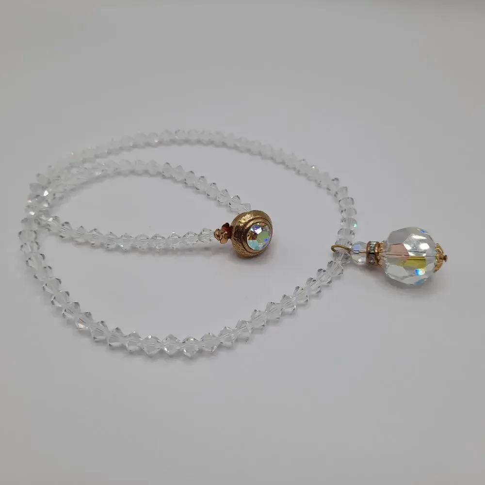 Vintage 1960s Crystal Faceted Pendant Necklace, AB Rhinestone Box Clasp, 17 Inch